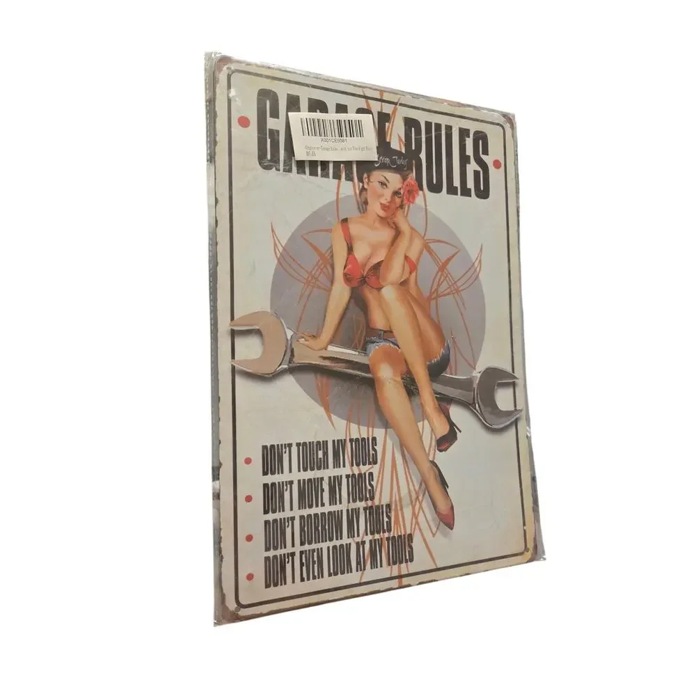 Garage Rules Pin-Up Girl Metal Tin Sign 12x8 Vintage Garage Wall Decor